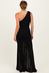 Black Ruched Mesh One Shoulder Maxi Dress