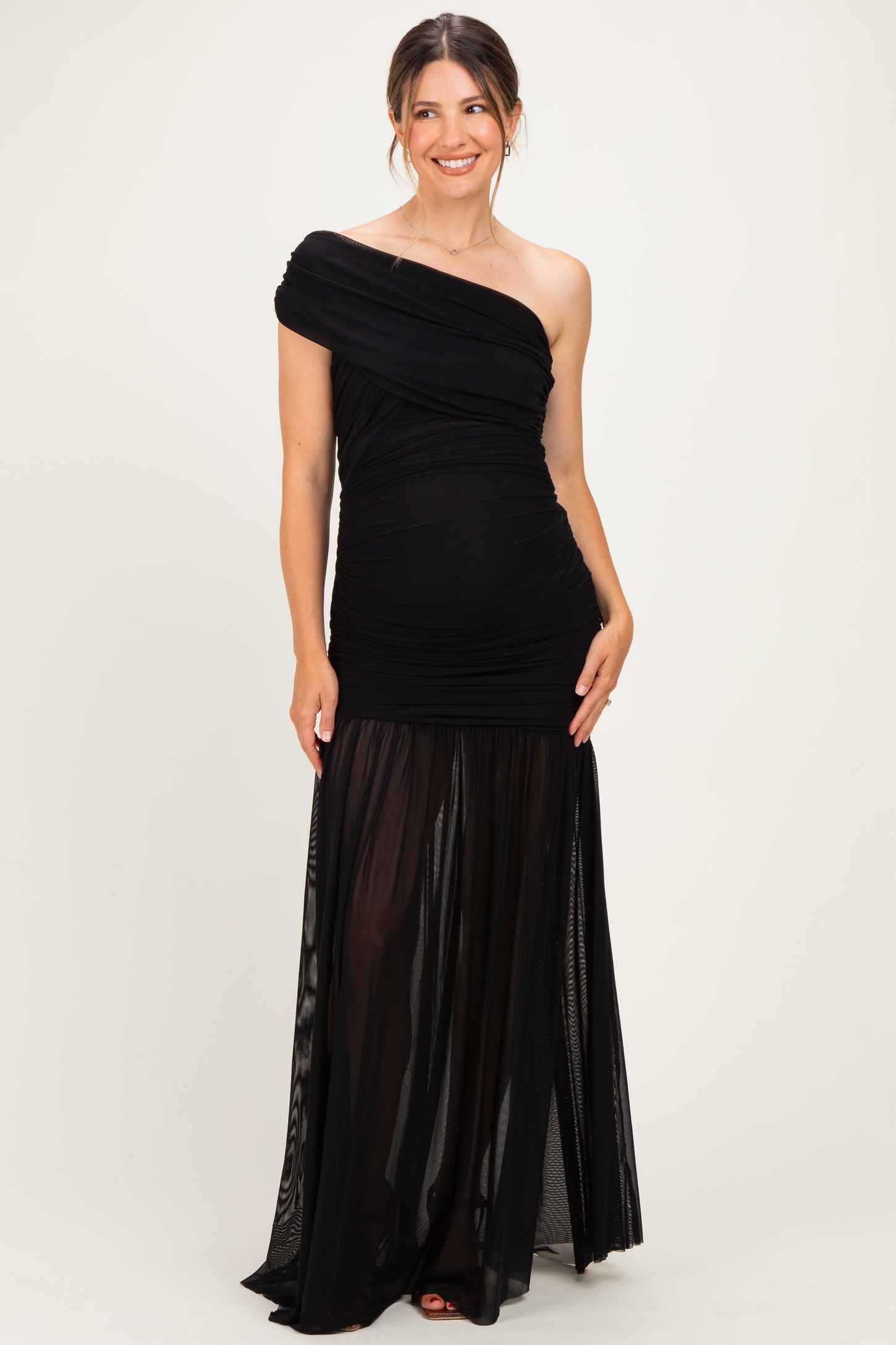 Black Ruched Mesh One Shoulder Maternity Maxi Dress