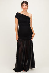 Black Ruched Mesh One Shoulder Maternity Maxi Dress