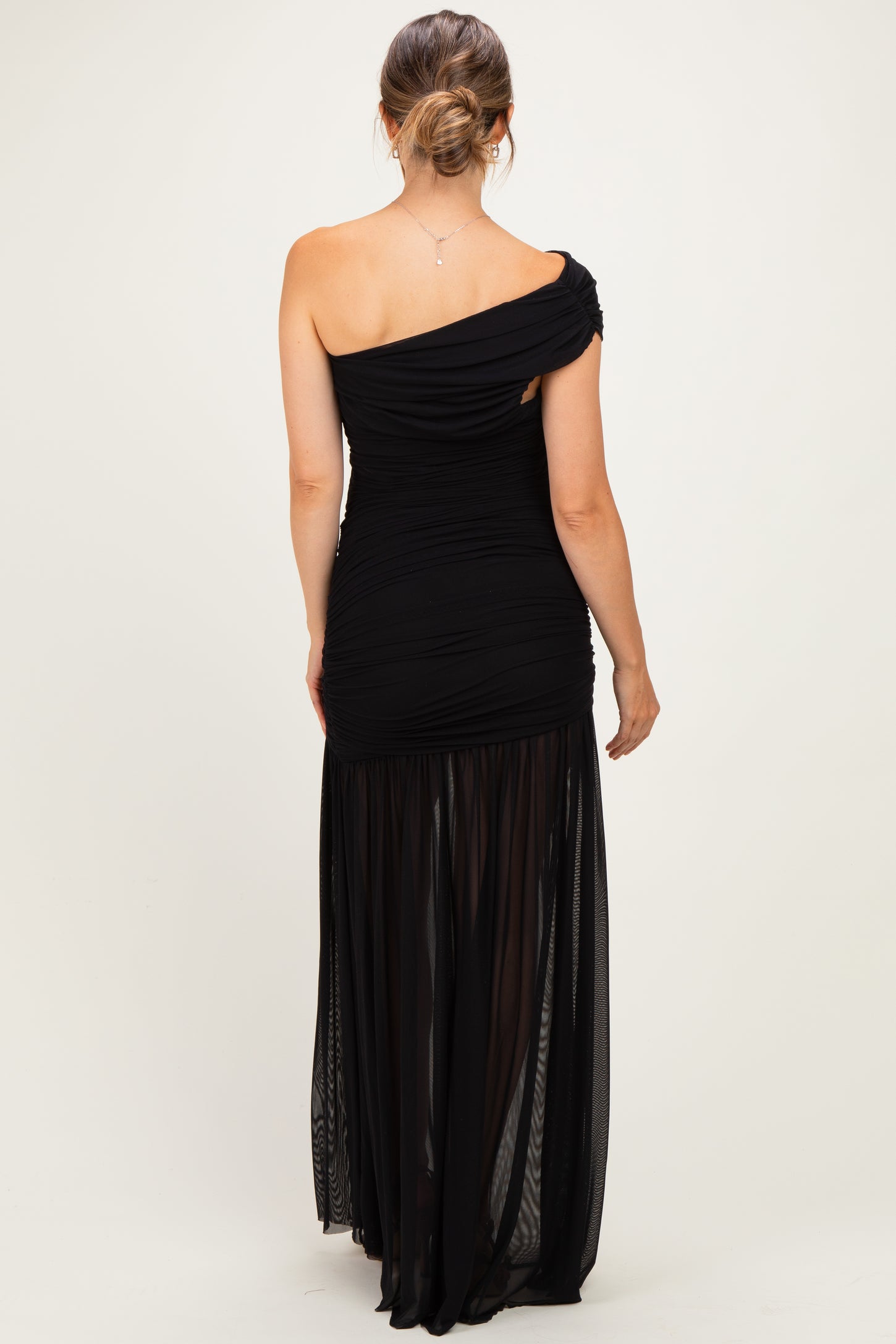 Black Ruched Mesh One Shoulder Maternity Maxi Dress