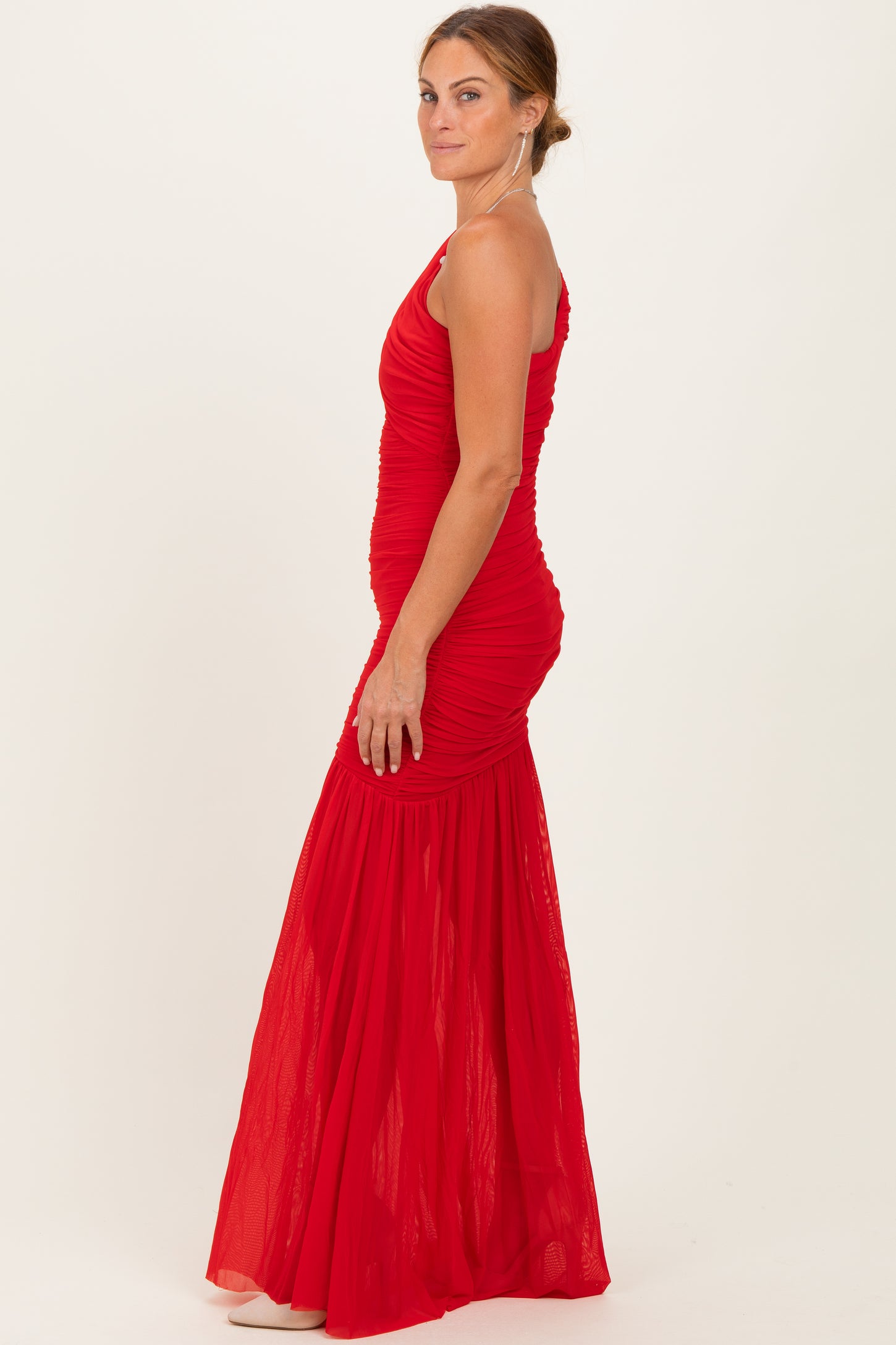 Red Ruched Mesh One Shoulder Maxi Dress