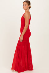Red Ruched Mesh One Shoulder Maxi Dress