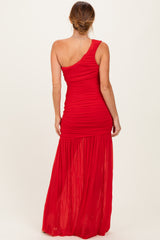 Red Ruched Mesh One Shoulder Maxi Dress