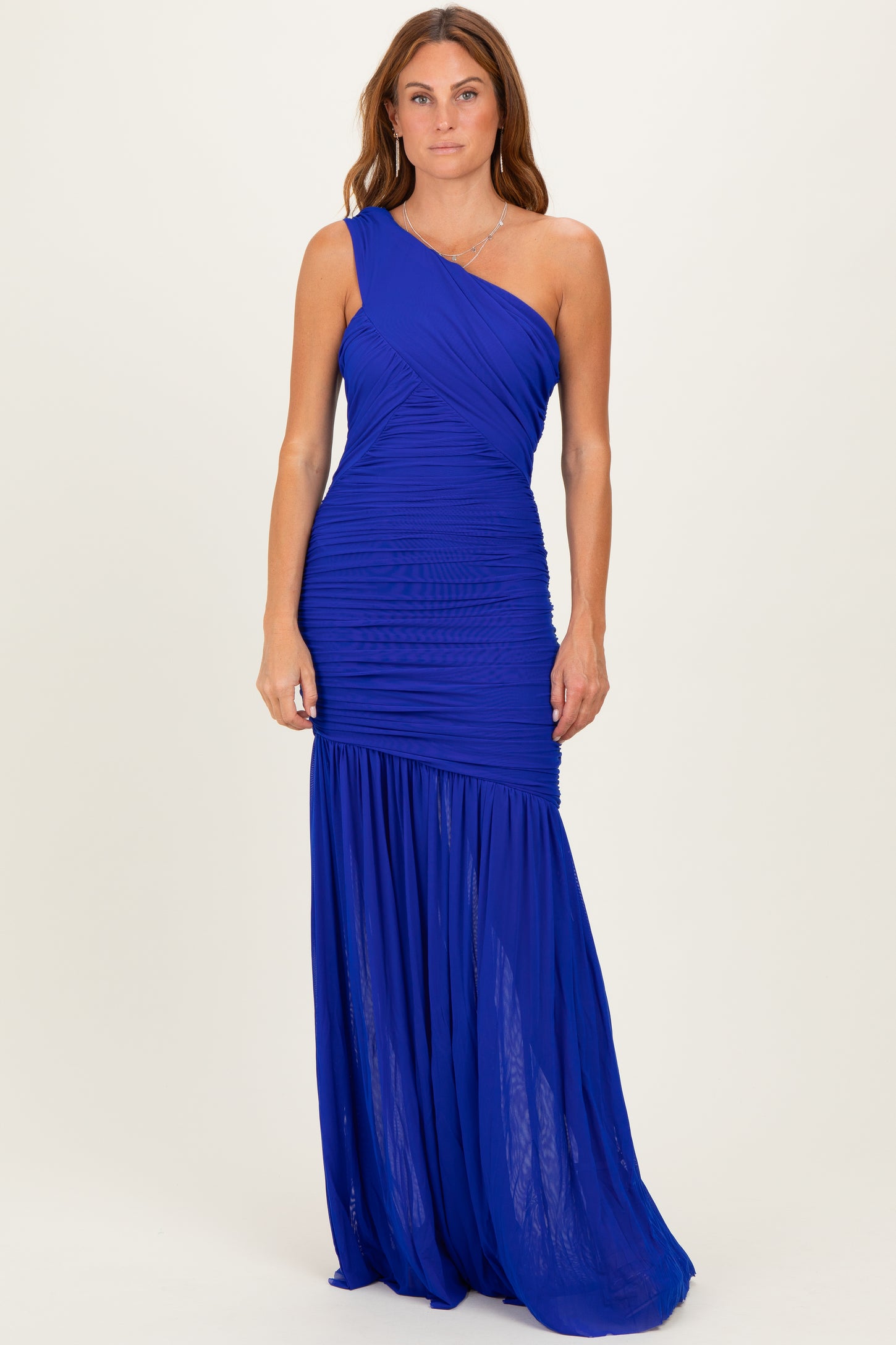 Royal Blue Ruched Mesh One Shoulder Maternity Maxi Dress
