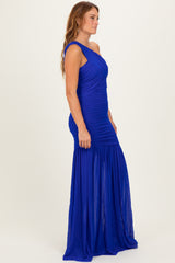 Royal Blue Ruched Mesh One Shoulder Maxi Dress