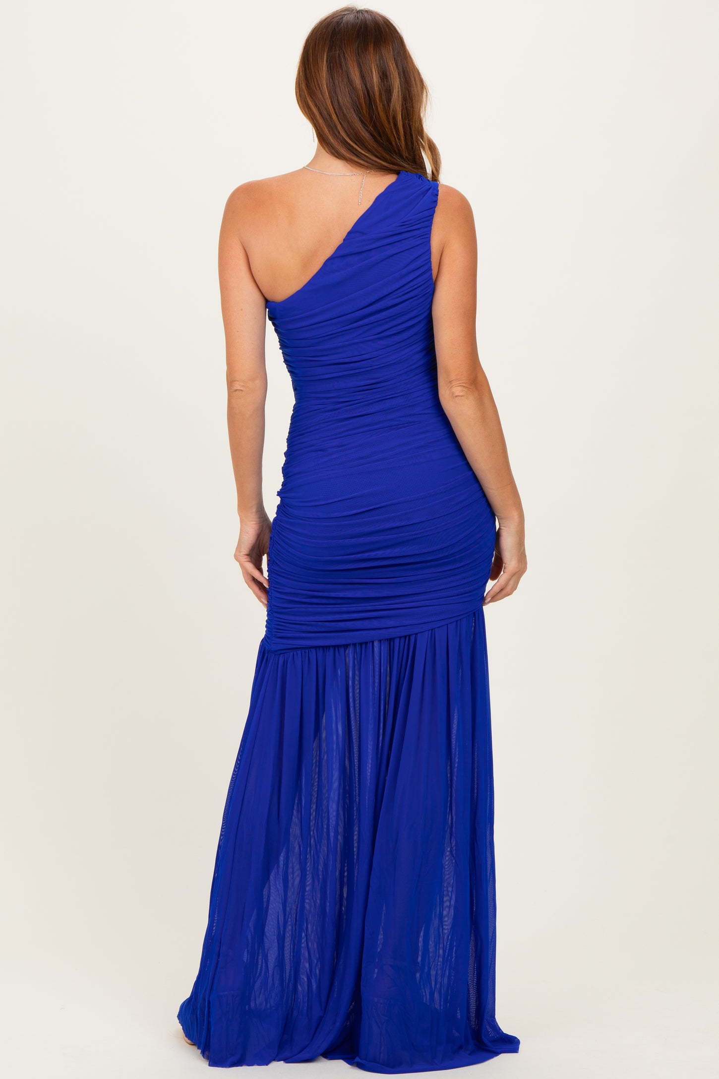 Royal Blue Ruched Mesh One Shoulder Maxi Dress