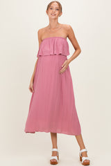 Light Rose Woven Crinkle Flounce Strapless Maternity Maxi Dress