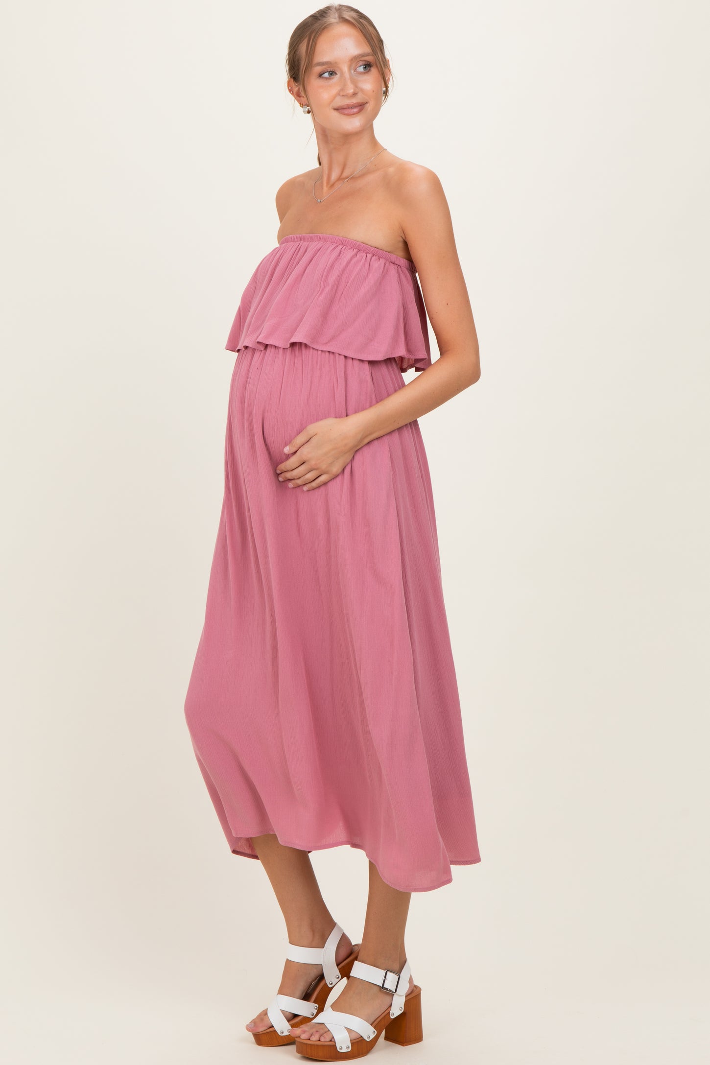 Light Rose Woven Crinkle Flounce Strapless Maternity Maxi Dress