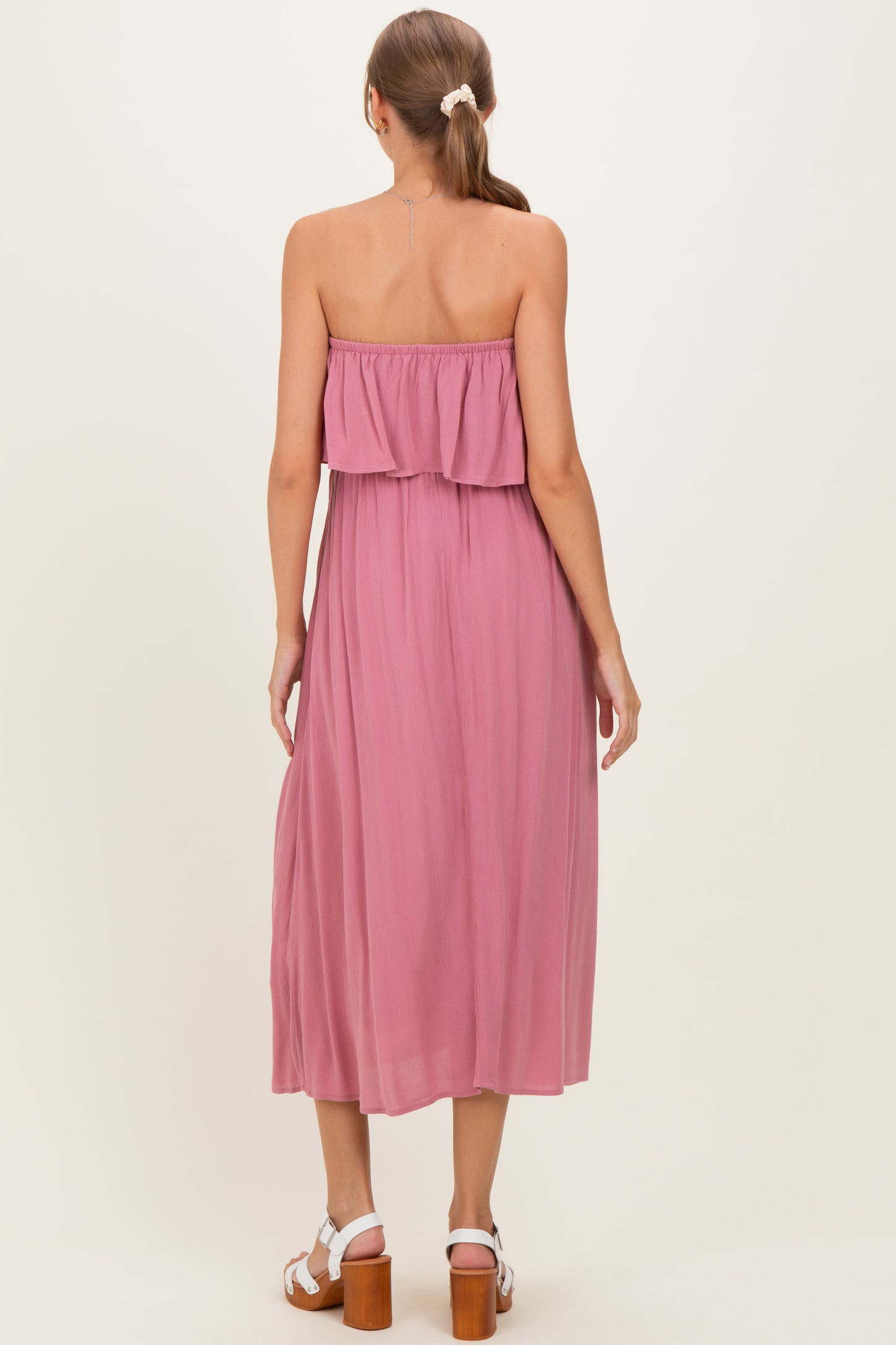 Light Rose Woven Crinkle Flounce Strapless Maternity Maxi Dress