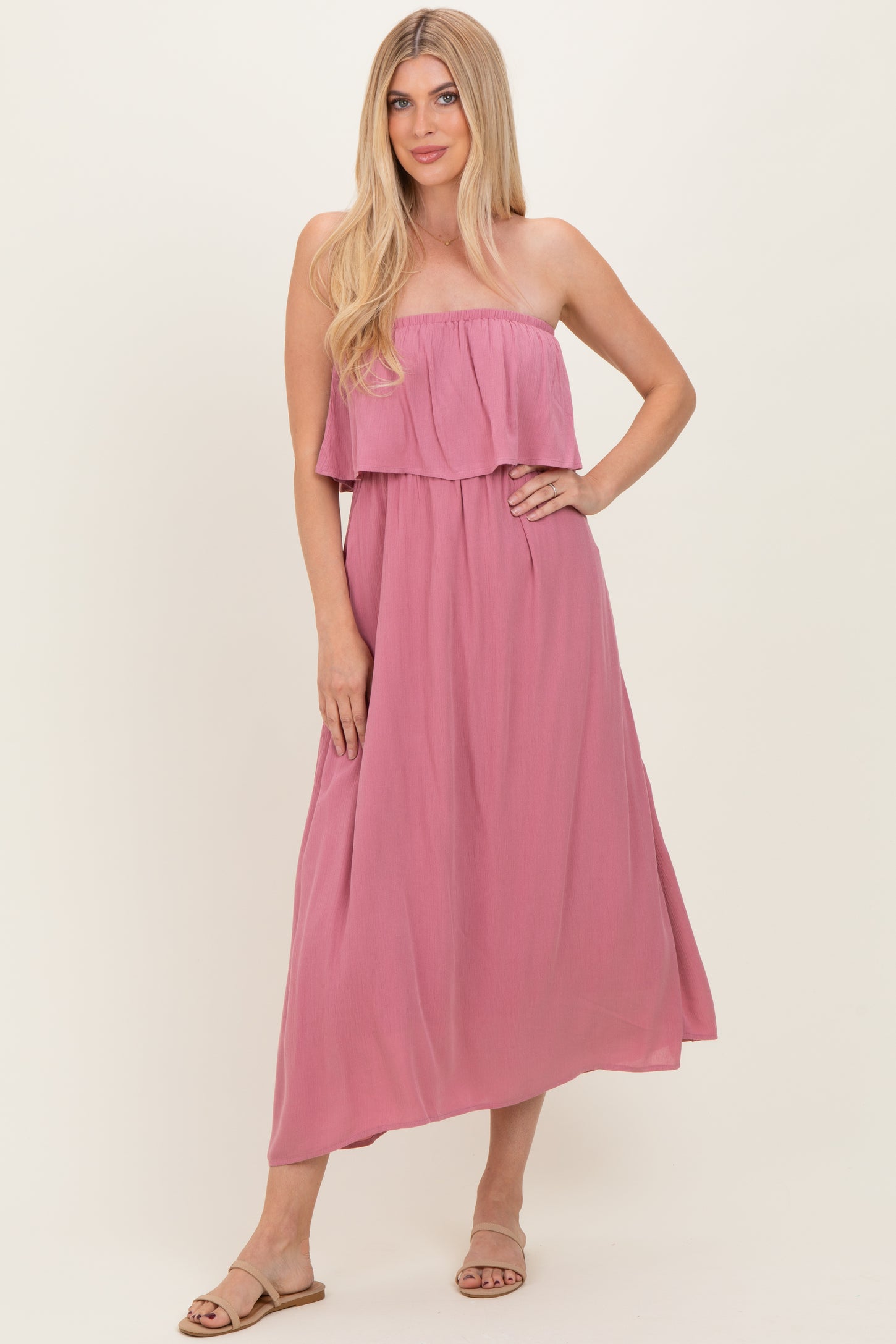 Light Rose Woven Crinkle Flounce Strapless Maxi Dress