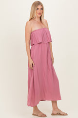 Light Rose Woven Crinkle Flounce Strapless Maxi Dress