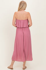Light Rose Woven Crinkle Flounce Strapless Maxi Dress