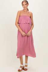 Light Rose Woven Crinkle Flounce Strapless Maternity Maxi Dress