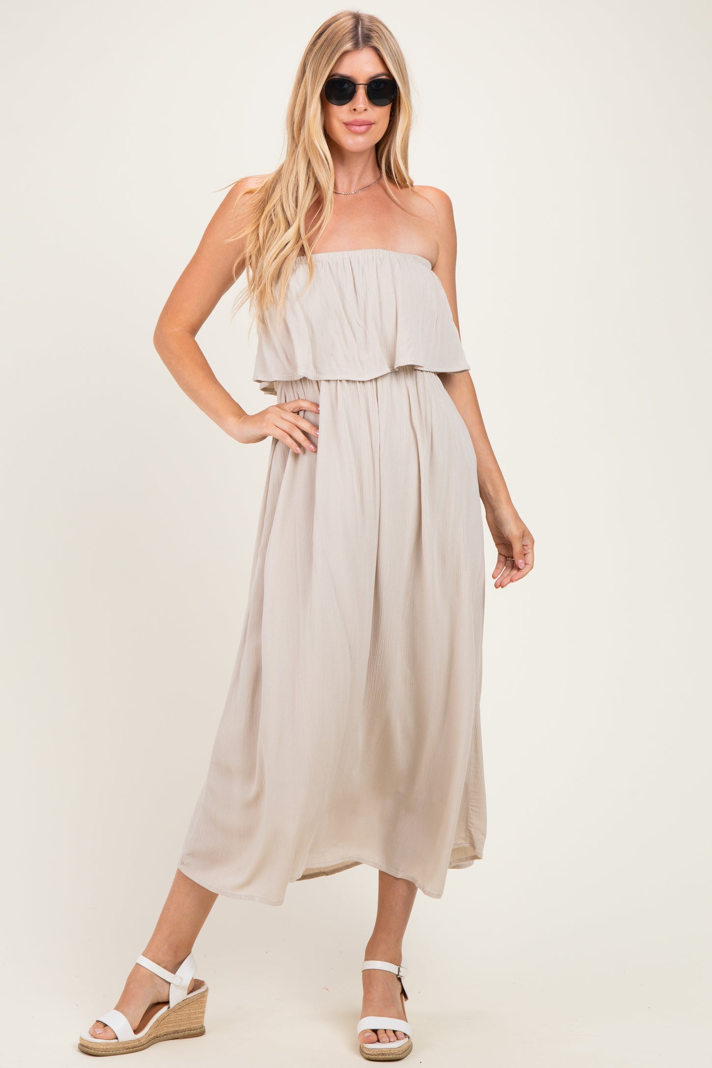 Sand Beige Woven Crinkle Flounce Strapless Maxi Dress