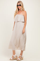 Sand Beige Woven Crinkle Flounce Strapless Maxi Dress