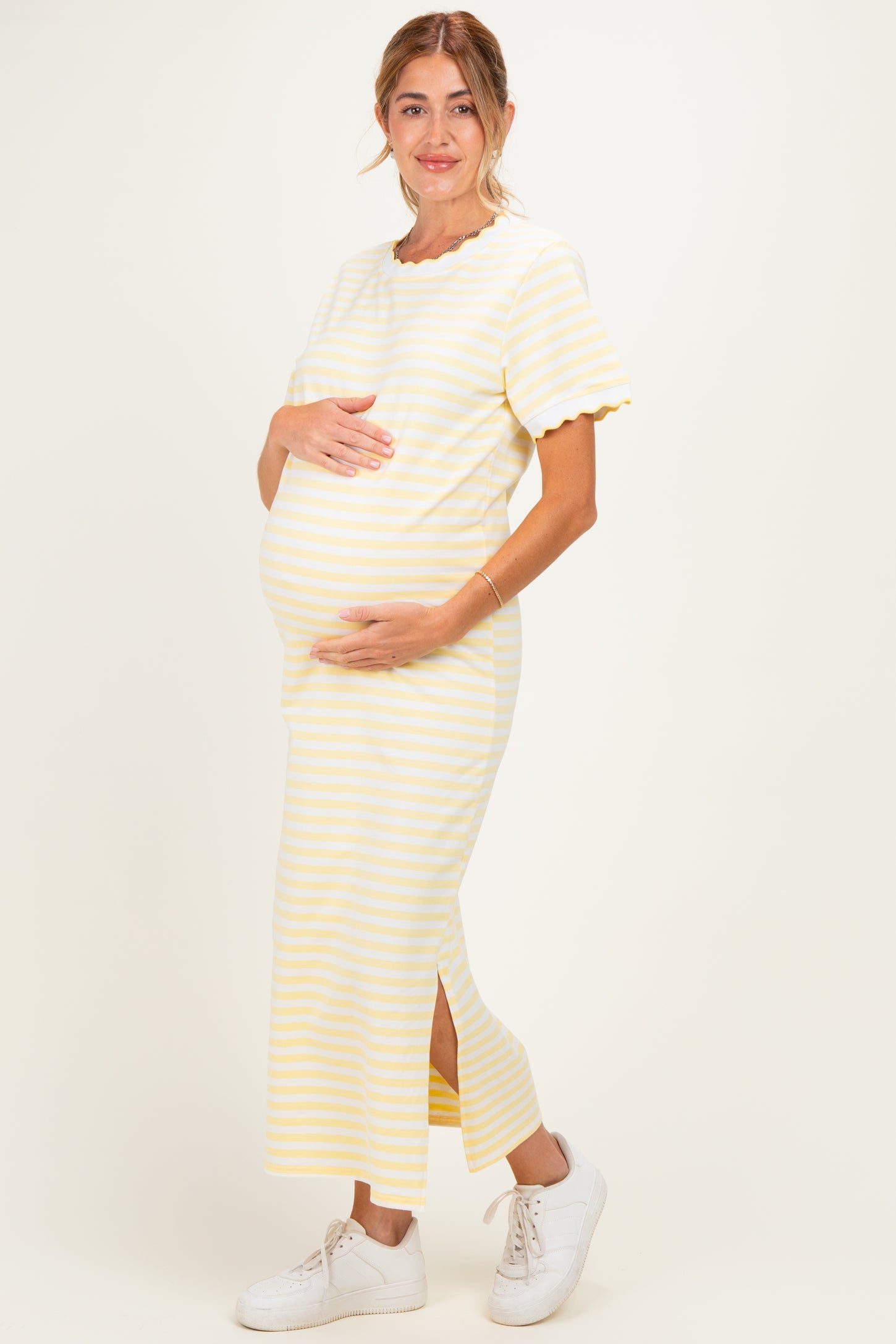 Butter Yellow Striped Scallop Trim Short Sleeve Maternity Maxi Dress