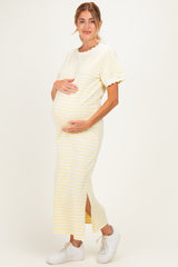 Butter Yellow Striped Scallop Trim Short Sleeve Maternity Maxi Dress