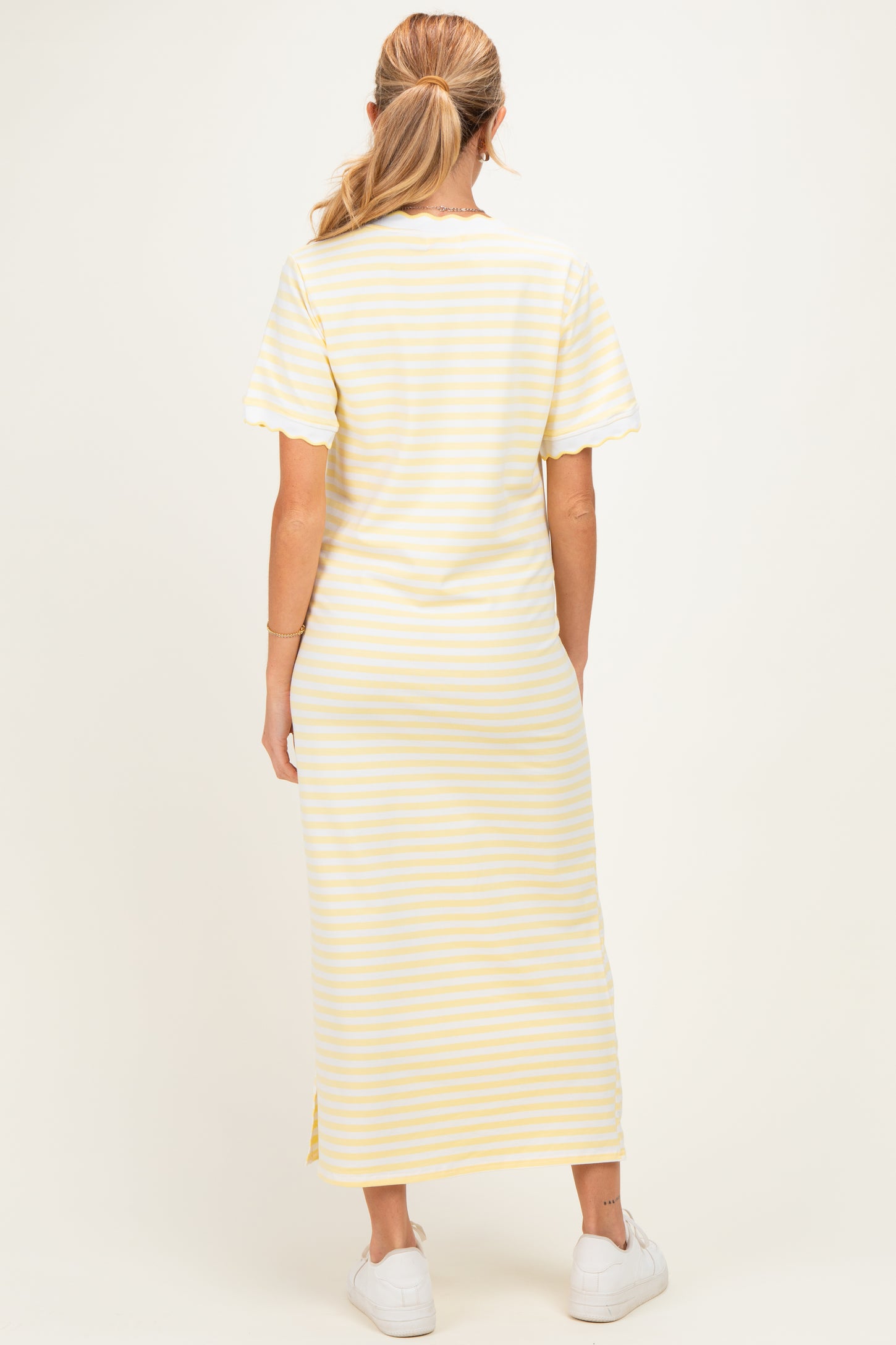 Butter Yellow Striped Scallop Trim Short Sleeve Maternity Maxi Dress