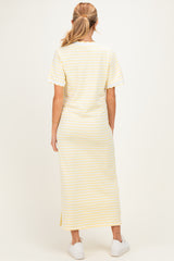 Butter Yellow Striped Scallop Trim Short Sleeve Maternity Maxi Dress