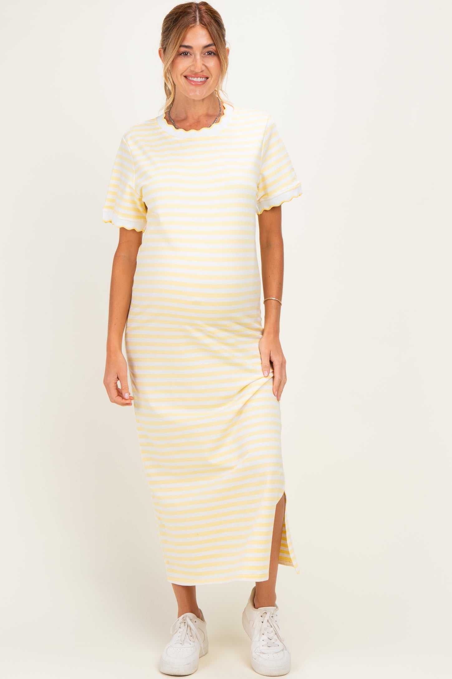 Butter Yellow Striped Scallop Trim Short Sleeve Maternity Maxi Dress