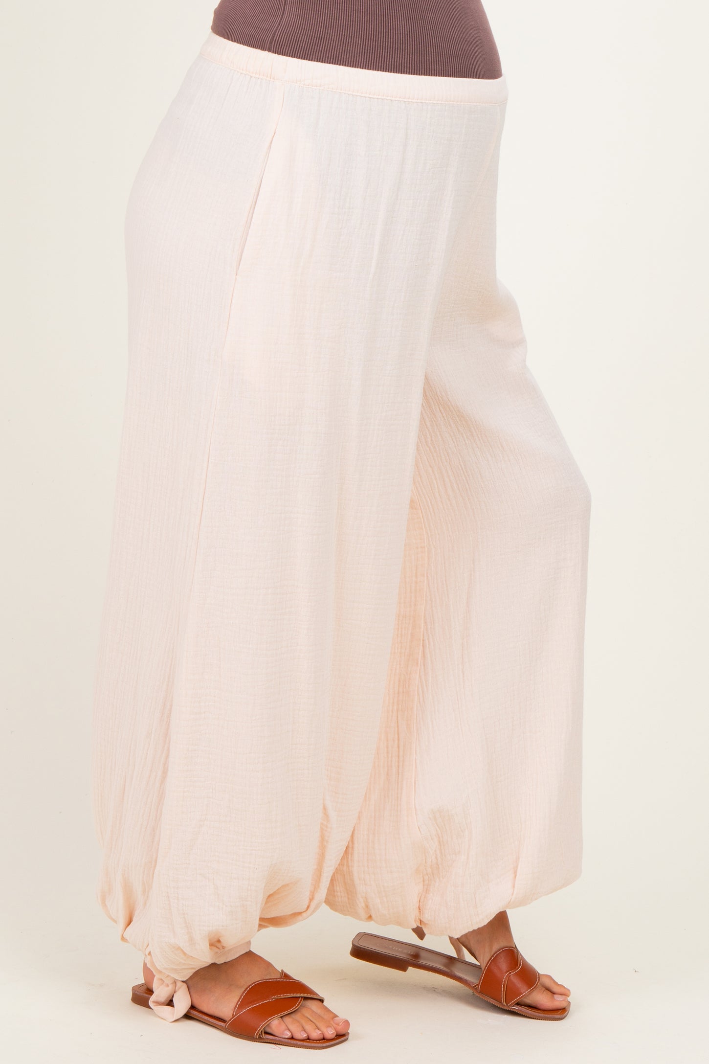Ecru Cotton Gauze Tie Hem Maternity Pants