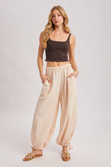 Ecru Cotton Gauze Tie Hem Pants
