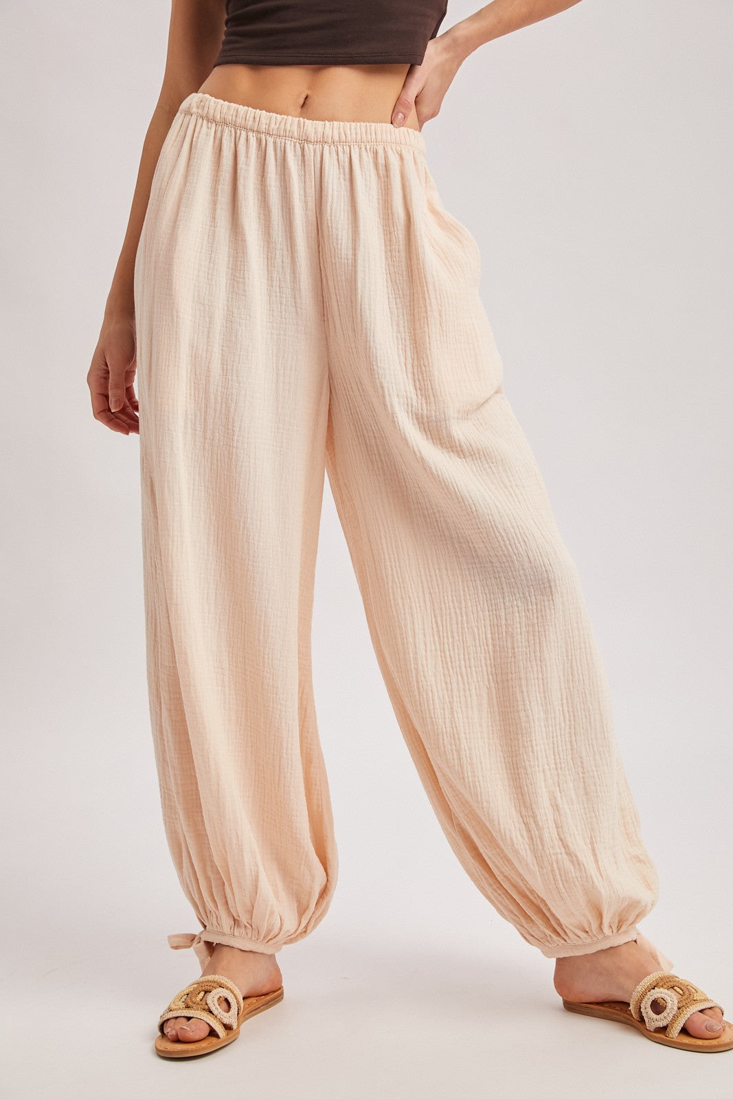 Ecru Cotton Gauze Tie Hem Pants