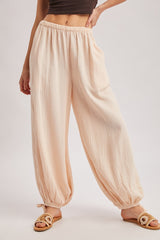 Ecru Cotton Gauze Tie Hem Pants
