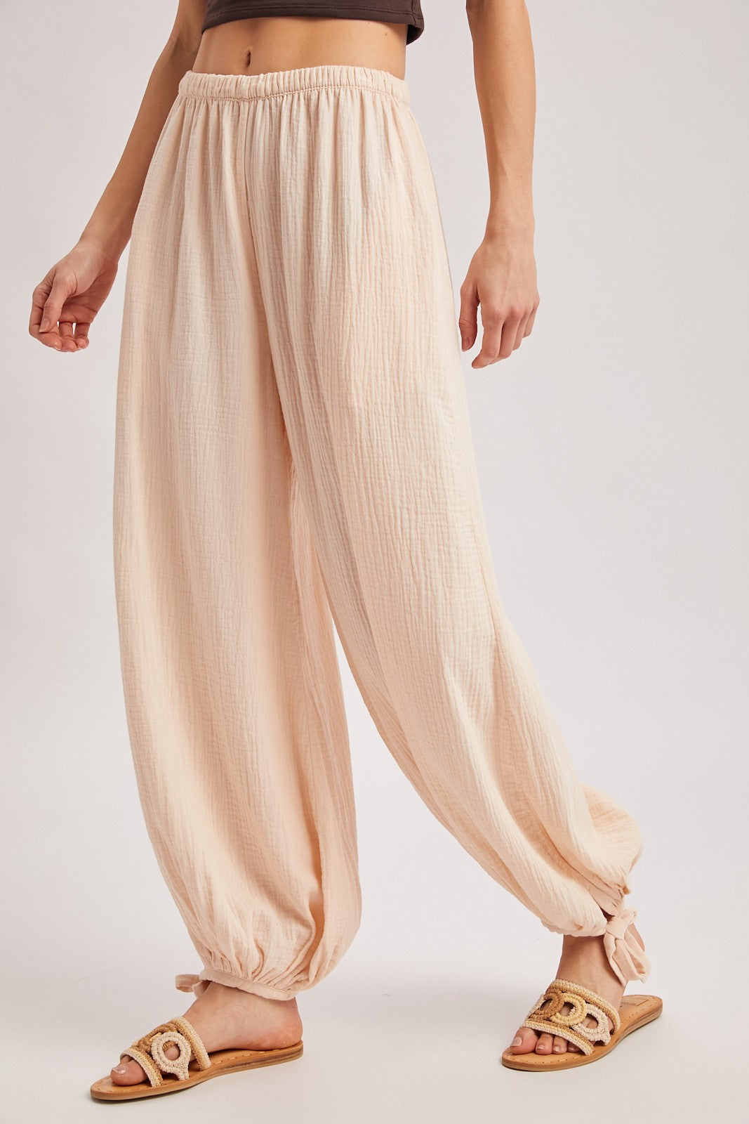 Ecru Cotton Gauze Tie Hem Pants