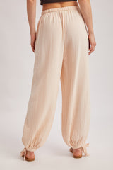 Ecru Cotton Gauze Tie Hem Pants