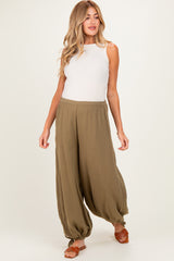 Olive Cotton Gauze Tie Hem Maternity Pants