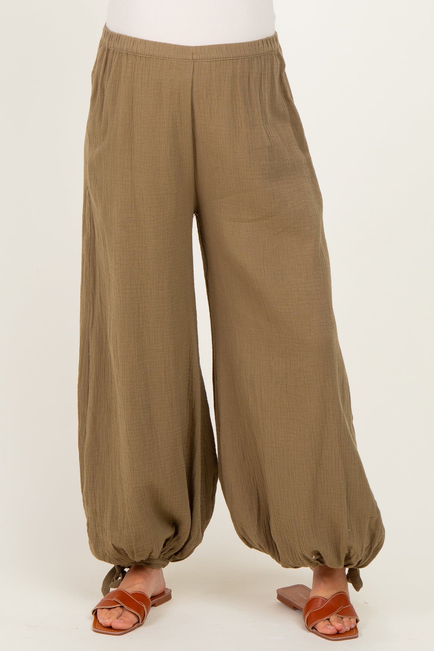 Olive Cotton Gauze Tie Hem Maternity Pants