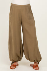 Olive Cotton Gauze Tie Hem Maternity Pants