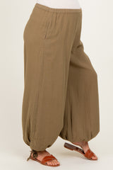 Olive Cotton Gauze Tie Hem Maternity Pants