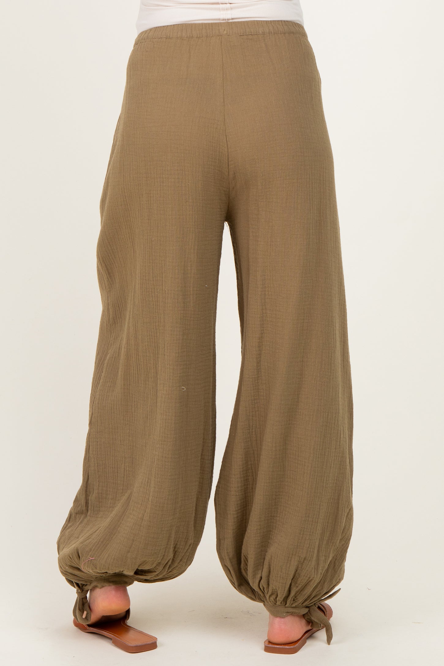 Olive Cotton Gauze Tie Hem Maternity Pants
