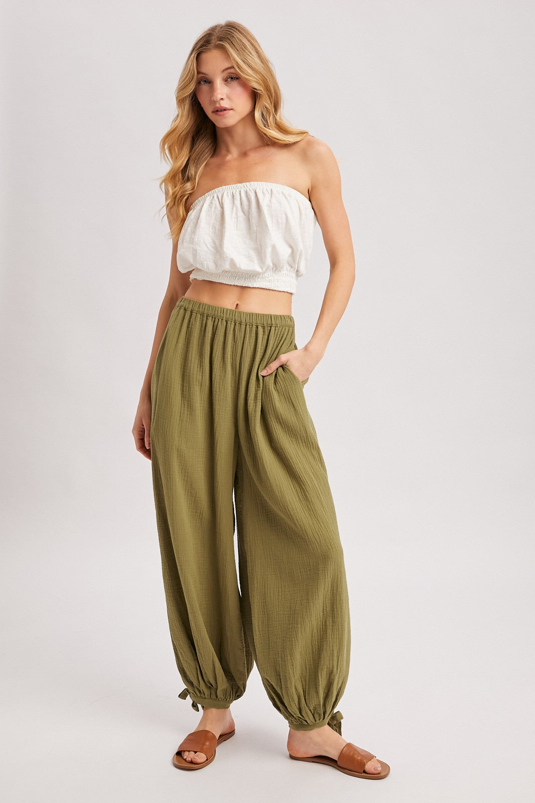 Olive Cotton Gauze Tie Hem Maternity Pants