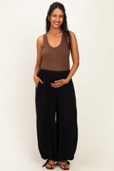 Black Cotton Gauze Tie Hem Maternity Pants