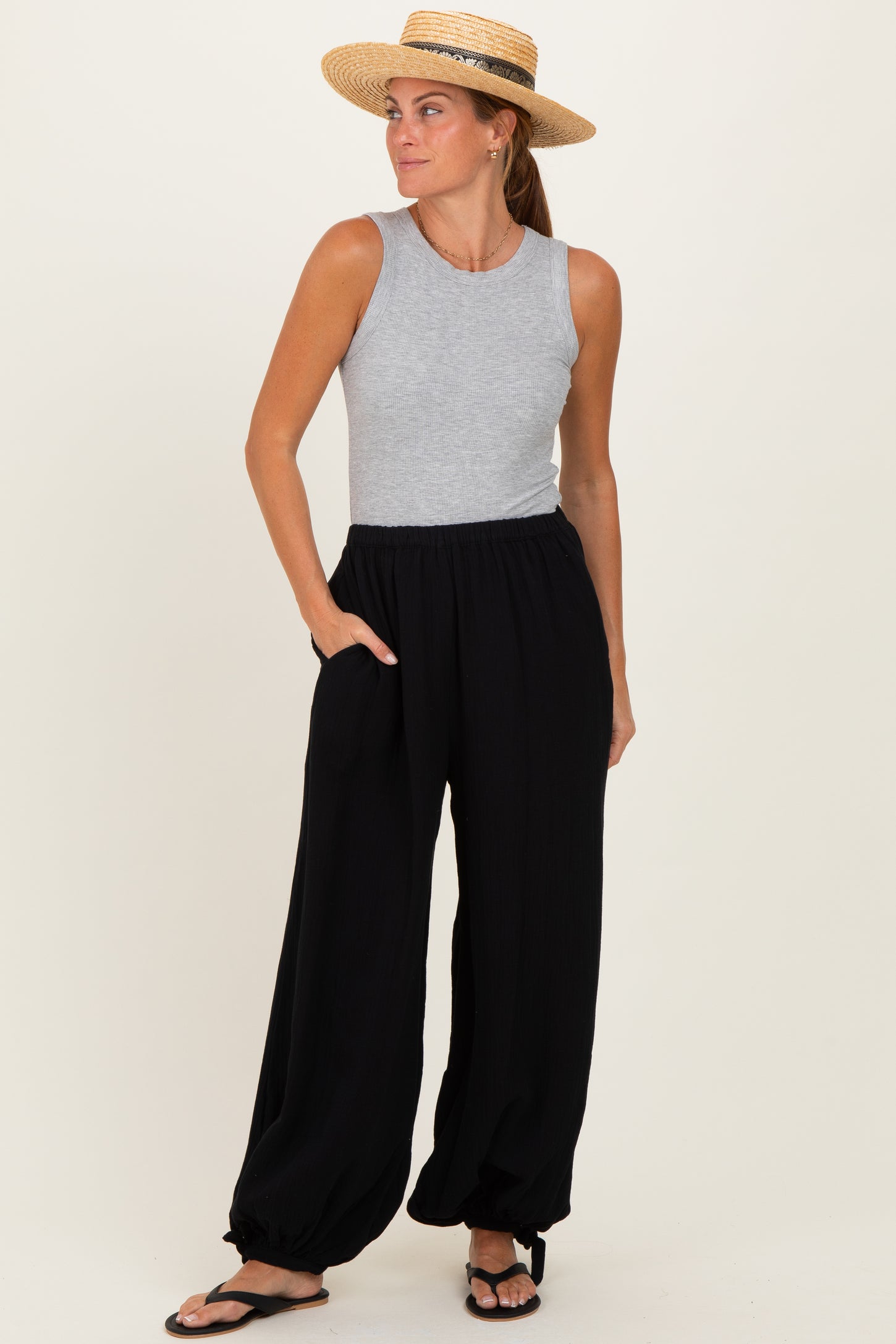 Black Cotton Gauze Tie Hem Maternity Pants
