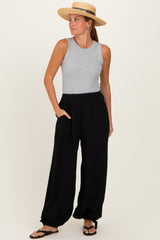 Black Cotton Gauze Tie Hem Maternity Pants
