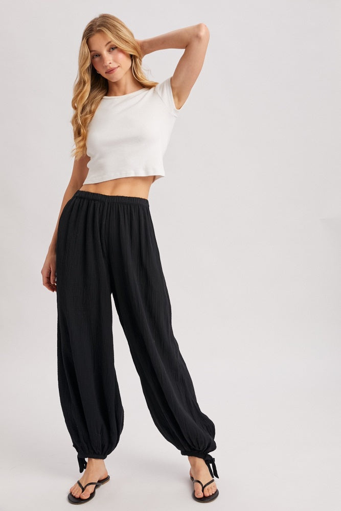 Black Cotton Gauze Tie Hem Pants
