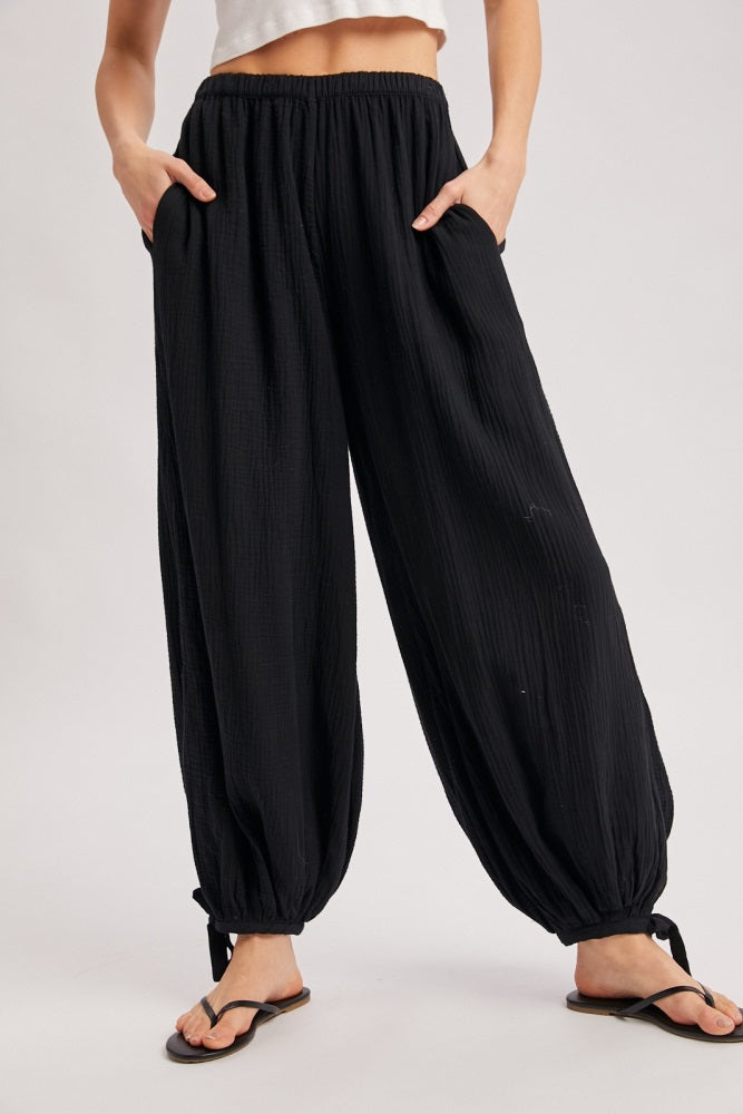 Black Cotton Gauze Tie Hem Pants