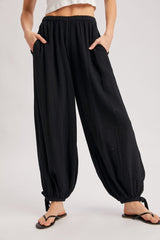 Black Cotton Gauze Tie Hem Pants