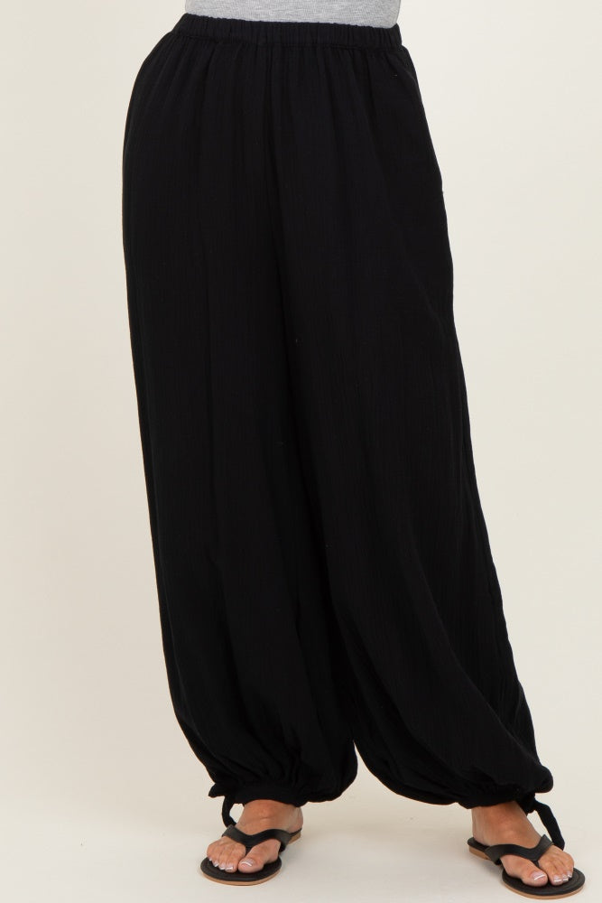 Black Cotton Gauze Tie Hem Pants