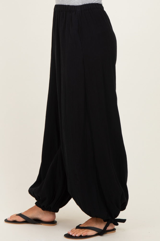 Black Cotton Gauze Tie Hem Pants