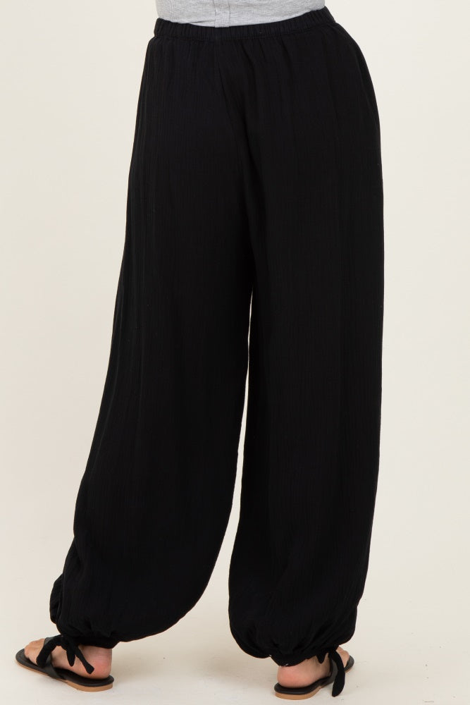 Black Cotton Gauze Tie Hem Pants