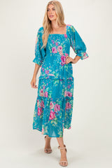 Blue Floral Smocked Chiffon Tiered Maxi Dress