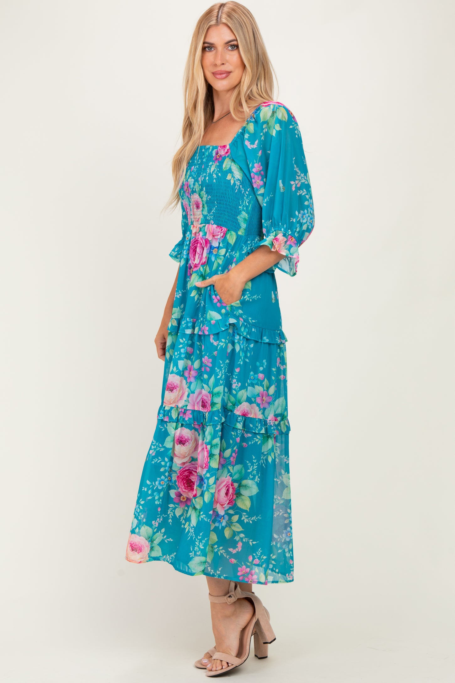 Blue Floral Smocked Chiffon Tiered Maxi Dress