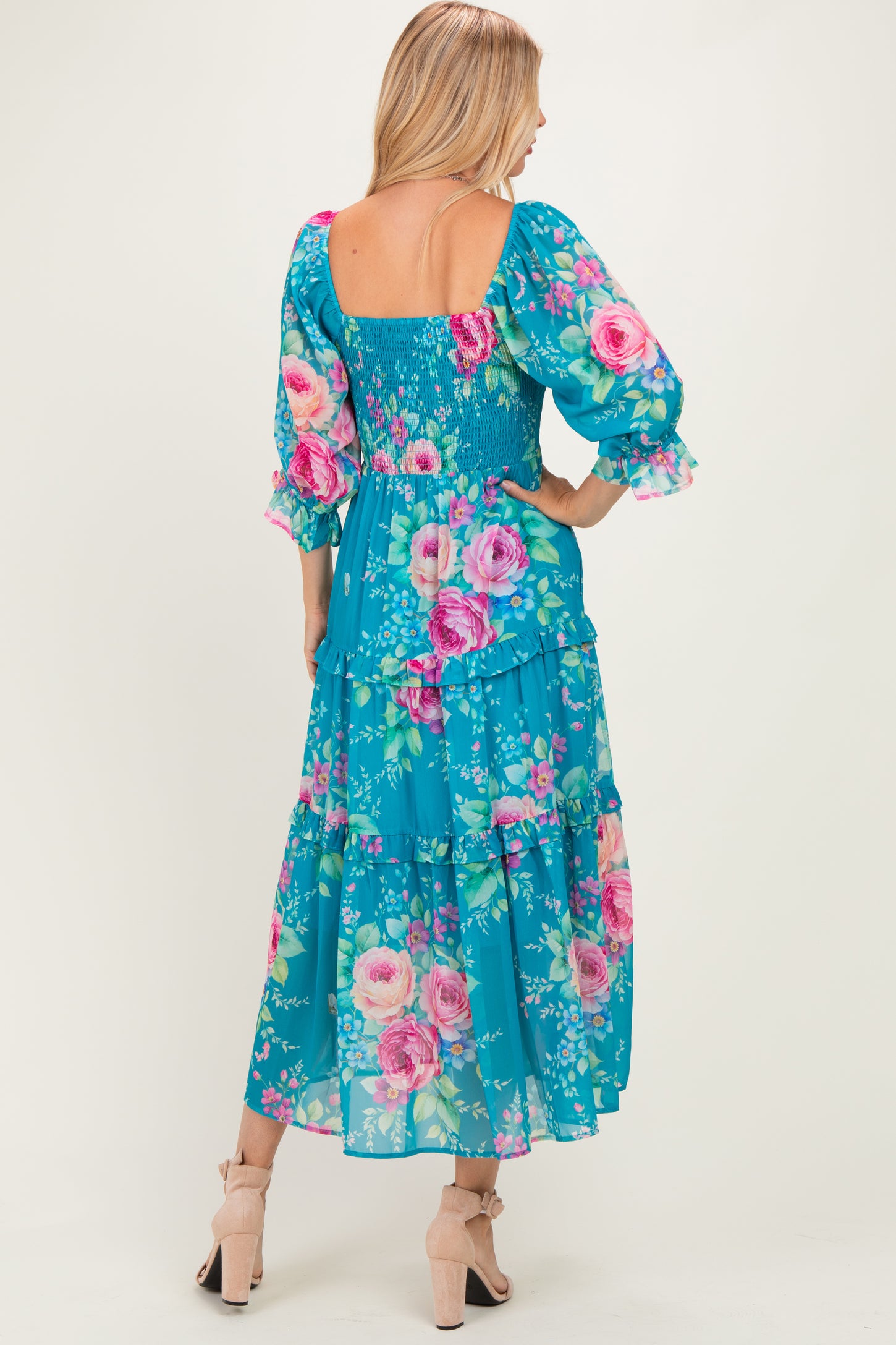 Blue Floral Smocked Chiffon Tiered Maxi Dress