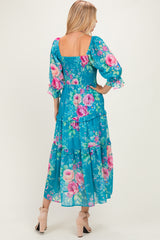 Blue Floral Smocked Chiffon Tiered Maxi Dress