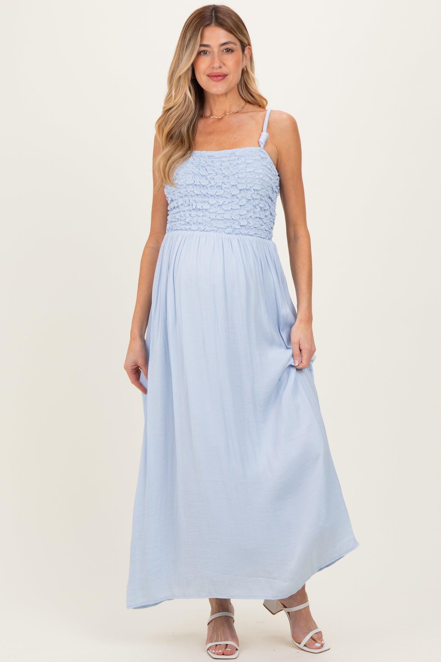 Light Blue Textured Smocked Maternity Maxi Dress